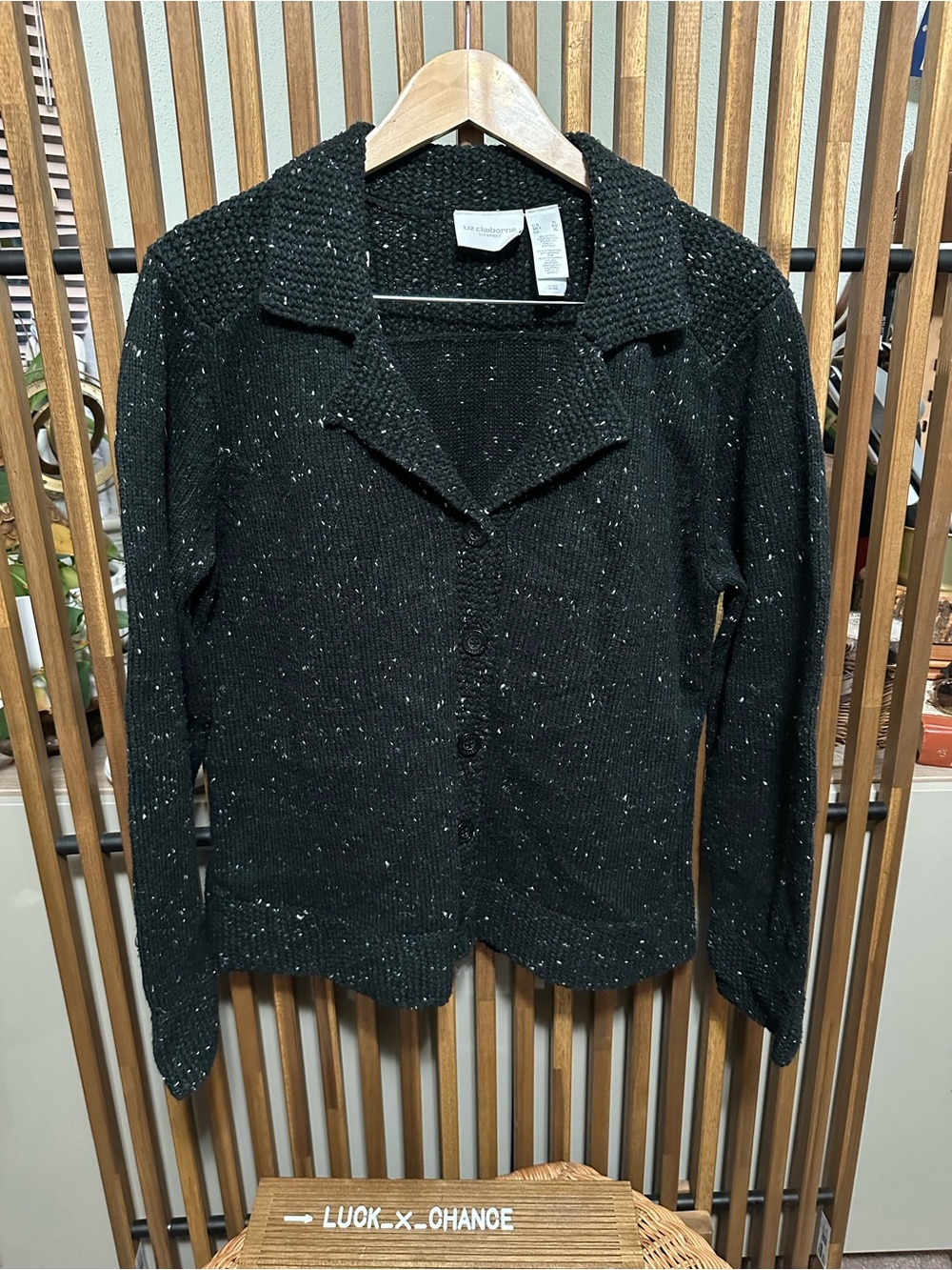 Vintage Liz Claiborne Lizsport Black White Flecked Knit Cardigan XL Granolacore